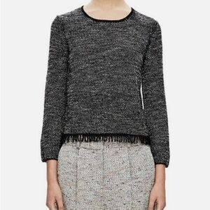 THEORY Black/White VENDLA TWEED SWEATER Fringe Trim Boxy Pullover Size Small